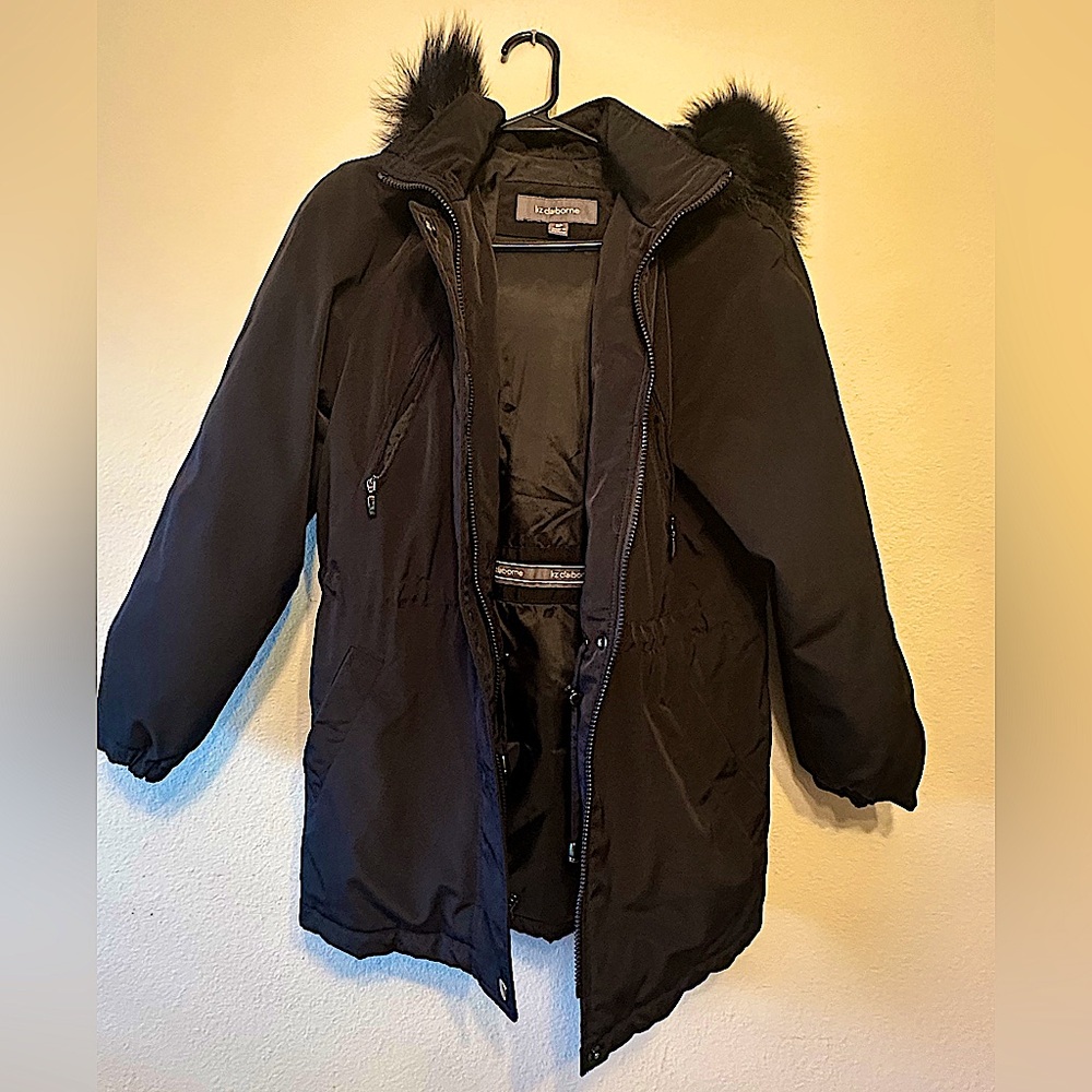 Women Liz Claiborne Black Coat with Faux Fur Hood